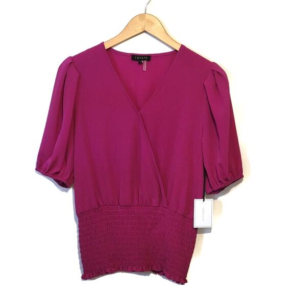 1. State Tops - 1.STATE Faux Wrap Blouse Smocked Waist Puff Sleeve Pink Women's Small NWT